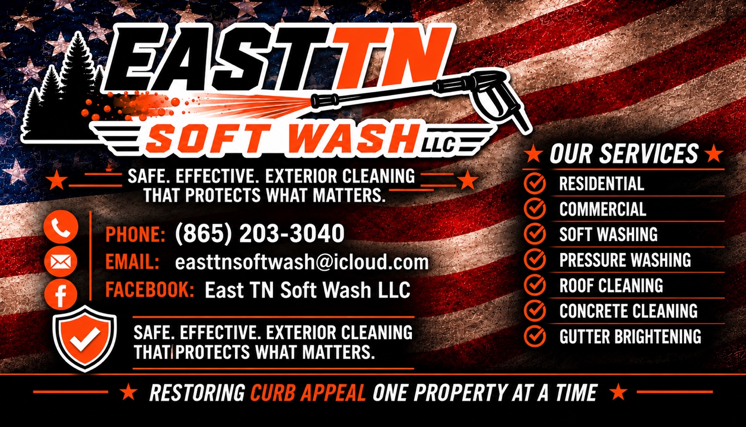 East TN Soft Wash LLC patriotic banner with American flag, orange and black logo, services, and contact information